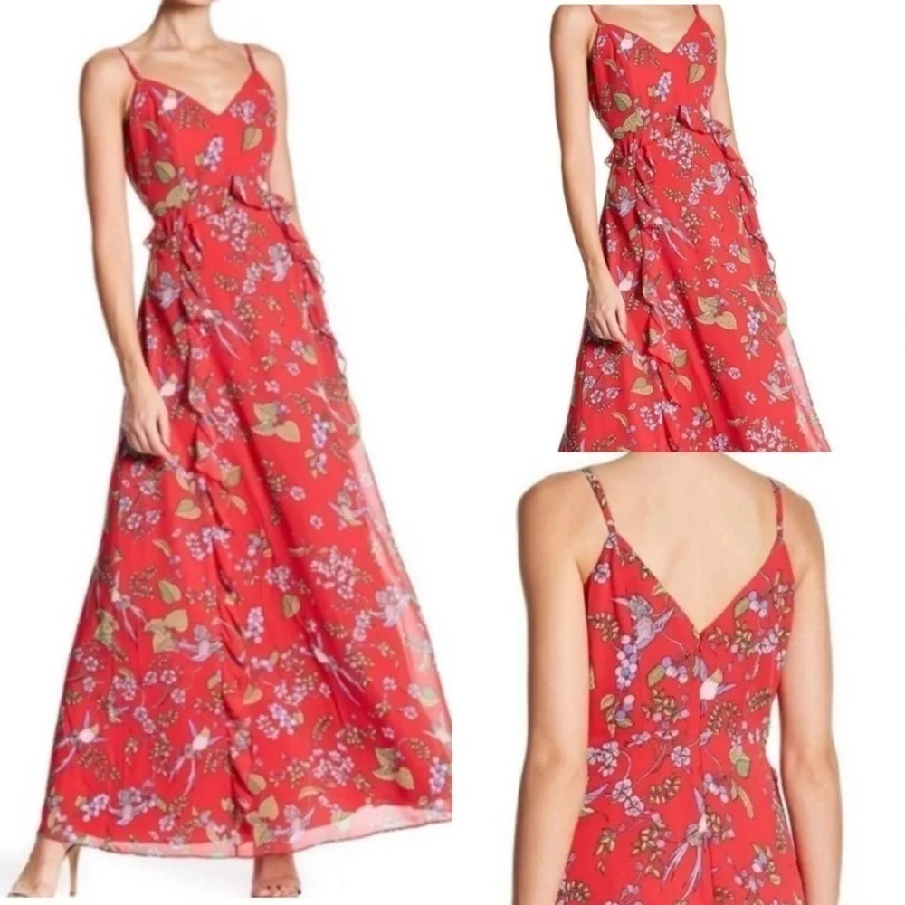 Nanette Leopore red floral Hummingbird long /Maxi flowy summer dress sz: 10